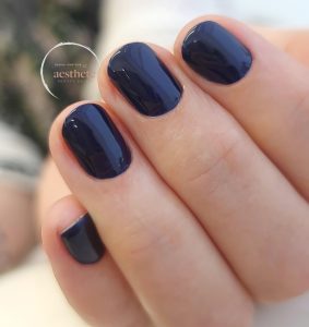 Russian manicure with navy blue gel polish showing flawless cuticle work by Radina Ignatova at Aesthete Beauty Dundee