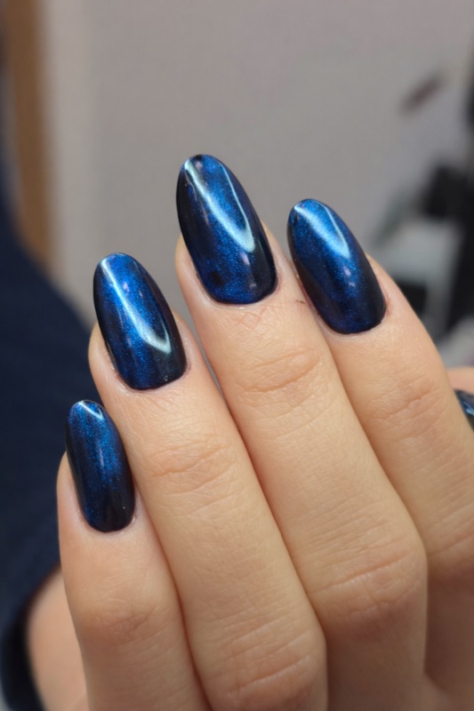 Blue chrome gel polish manicure at Aesthete Beauty Dundee