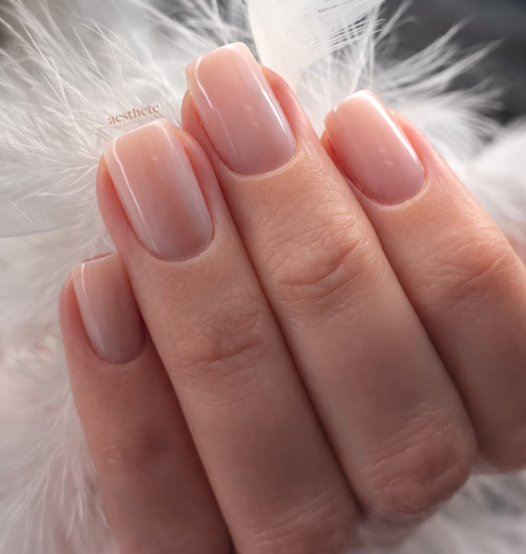 BIAB nude pink square nails applied with dual forms at Aesthete Beauty Dundee