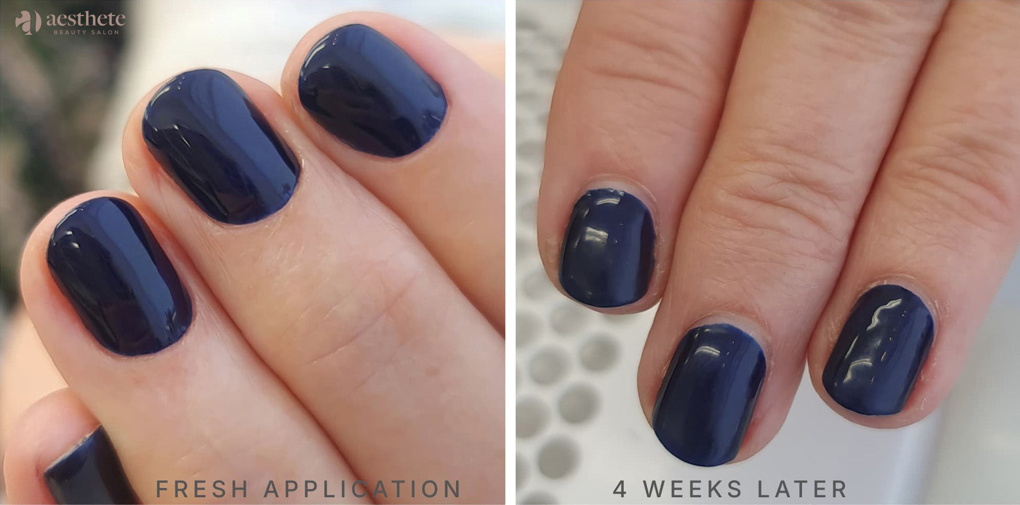 BIAB with Russian manicure comparison - freshly applied versus four weeks regrowth showing minimal gap, Aesthete Beauty Dundee