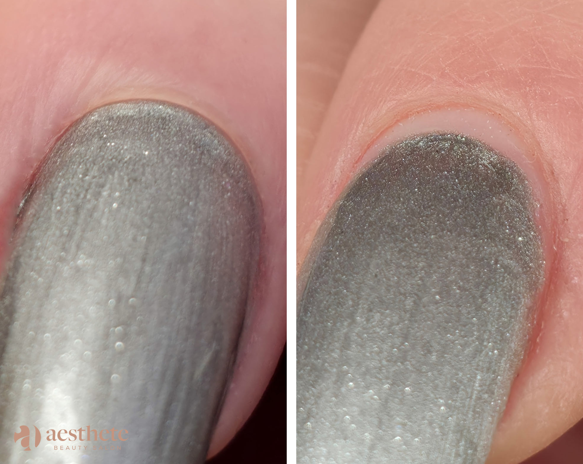Macro comparison showing clean cuticle line after Russian manicure versus natural regrowth after four weeks, Aesthete Beauty Dundee