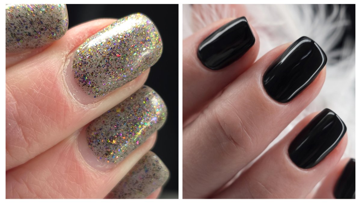 BIAB infill finish options: holographic glitter vs glossy black gel polish at Aesthete Beauty Dundee