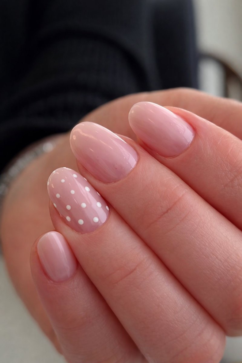 Chrome nails with polka dot nail art on BIAB at Aesthete Beauty Dundee