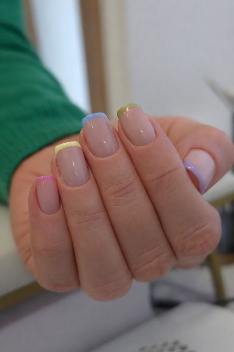 Pastel French tip nail art on BIAB overlay at Aesthete Beauty Dundee