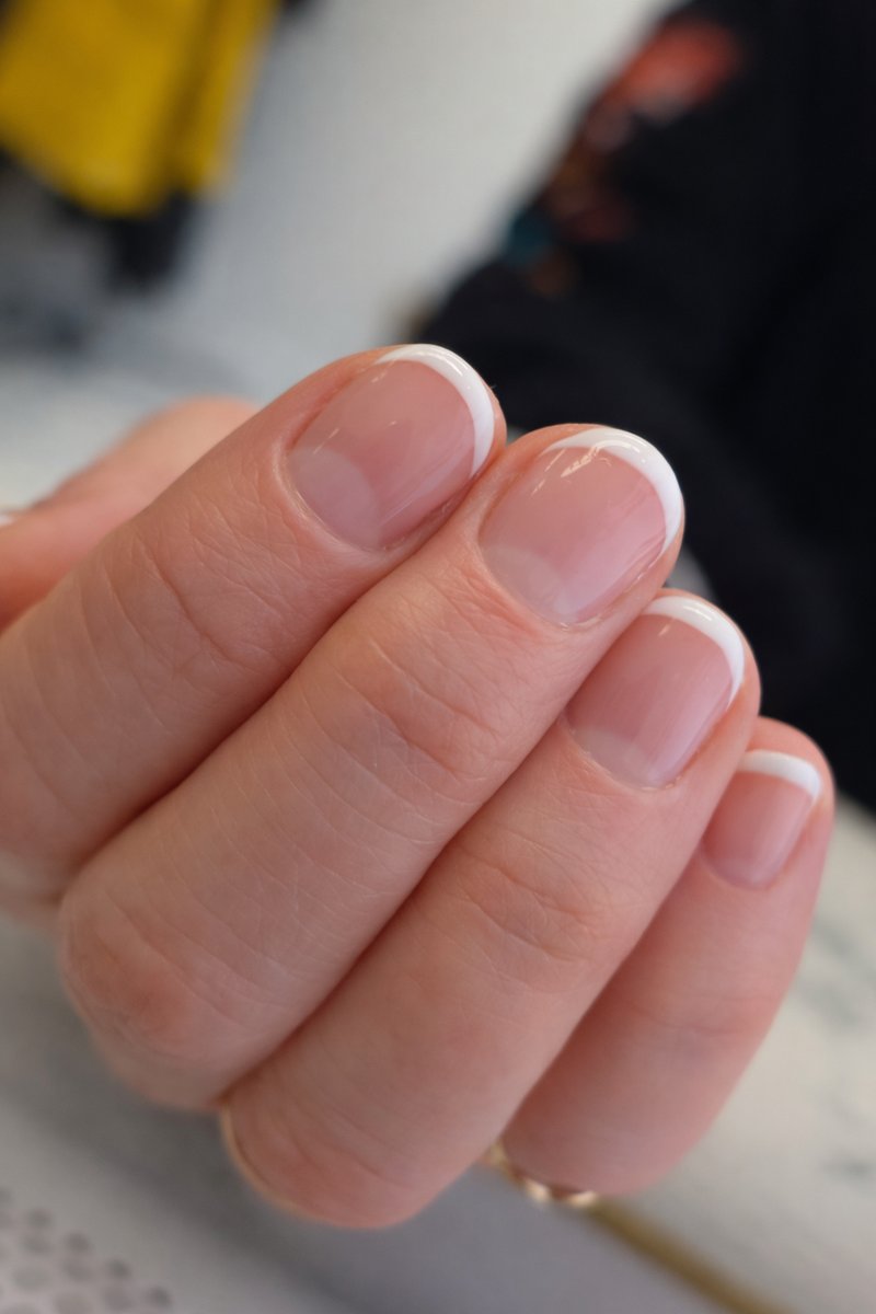 Gel polish French manicure on short natural nails with Russian manicure in Dundee