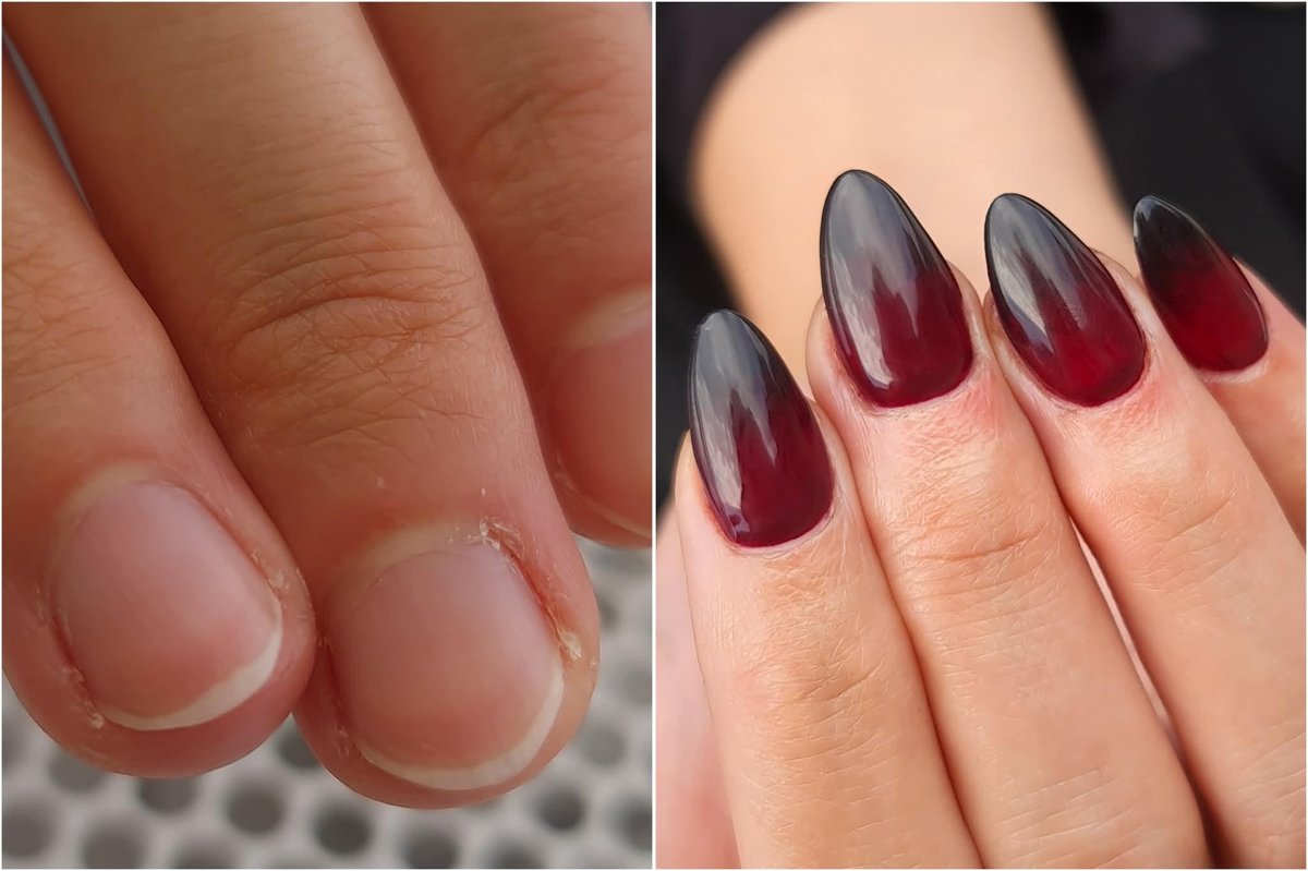Before and after soft gel tips extensions red and black ombre almond shape at Aesthete Beauty Dundee