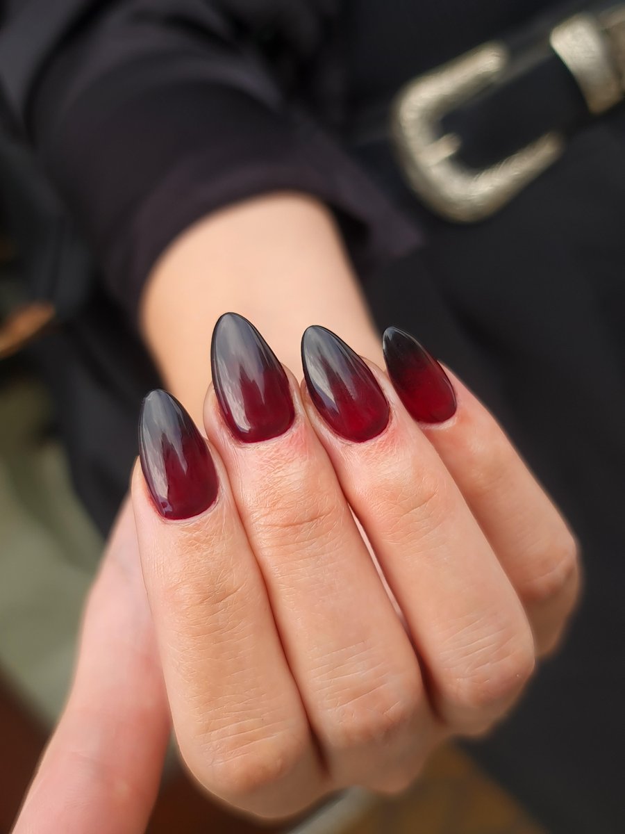 Soft gel tip red black ombre nail art almond Dundee