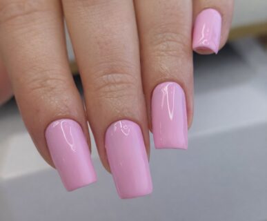 Candy pink gel on square nails at Aesthete Beauty Dundee