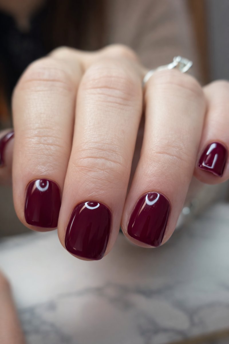 Deep wine burgundy gel on short square nails at Aesthete Beauty Dundee