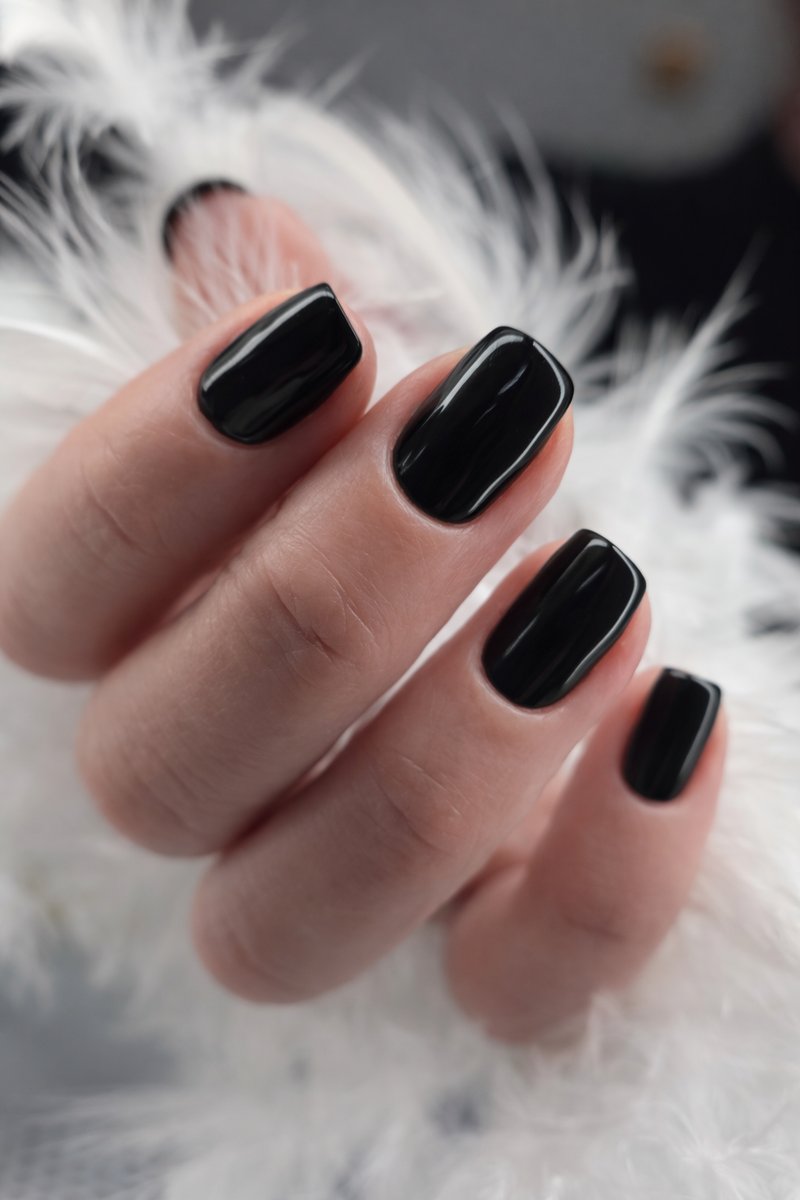 Glossy black nails on square shape at Aesthete Beauty Dundee