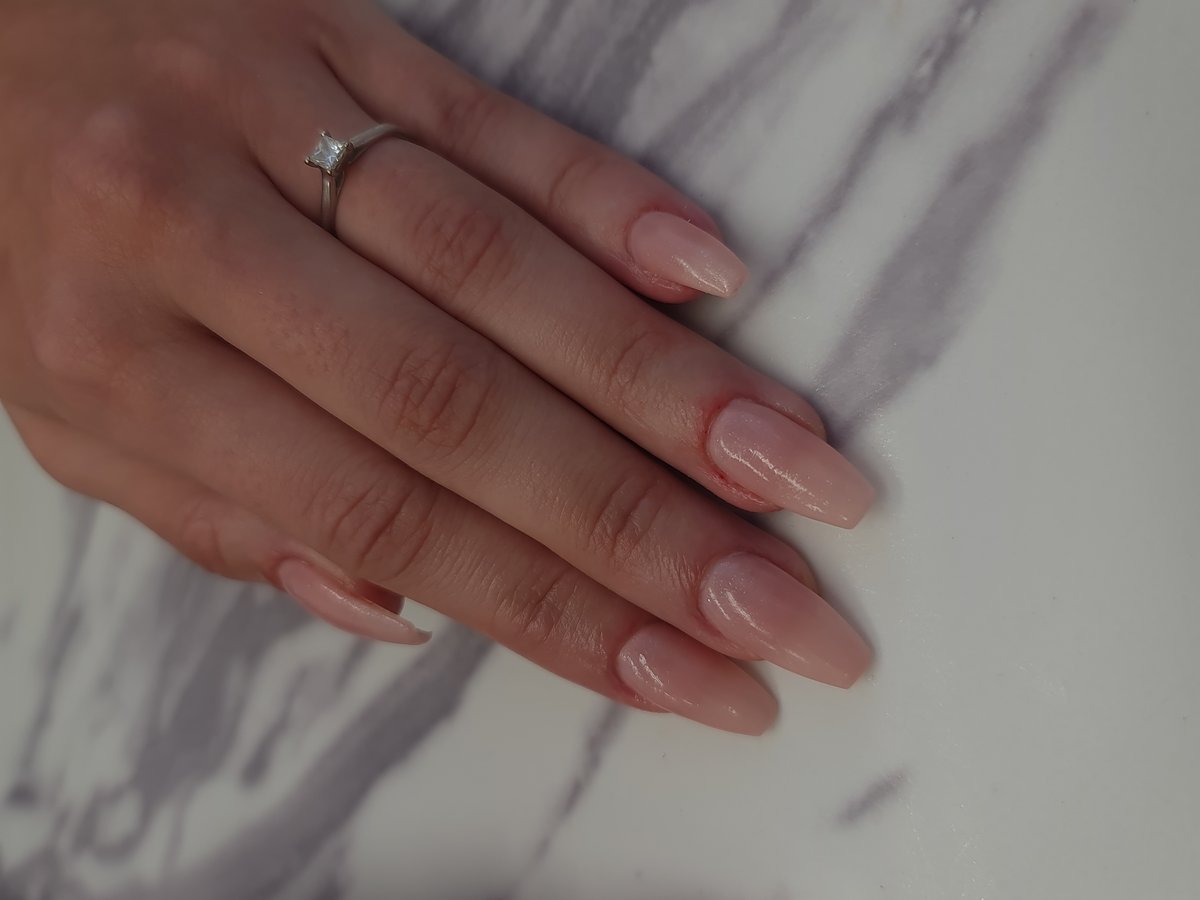 Sheer nude BIAB overlay on coffin nails at Aesthete Beauty Dundee