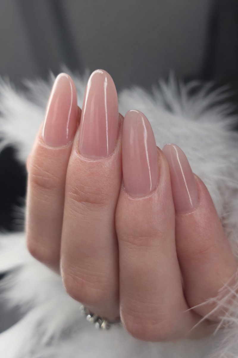 Sheer nude gel polish on almond nails at Aesthete Beauty Dundee