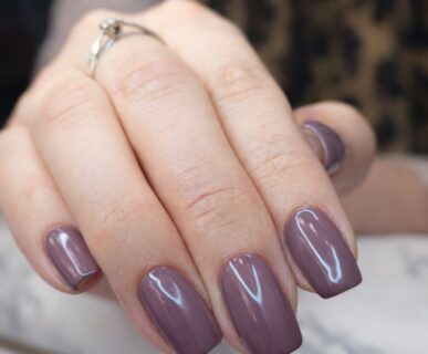 Warm taupe mauve gel on square nails at Aesthete Beauty Dundee